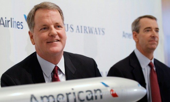 US Airways CEO Doug Parker and American Airlines CEO Thomas Horton announce the company&#039;s merger on Feb. 14.