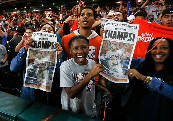 Fans celebrate the Astros winning the World Series at Minute Maid Park.