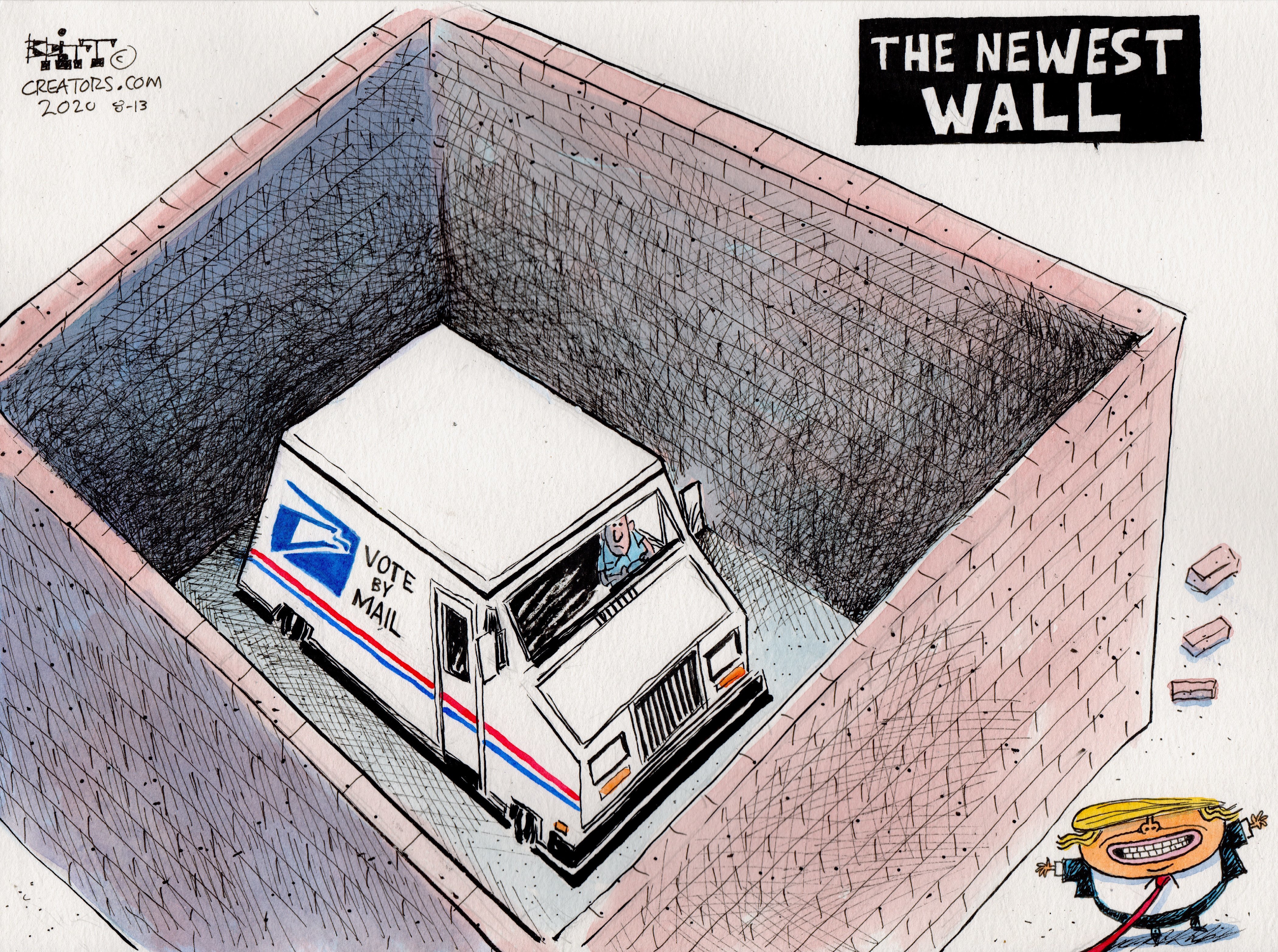 Political Cartoon U.S. President Trump Build the Wall Post Office USPS