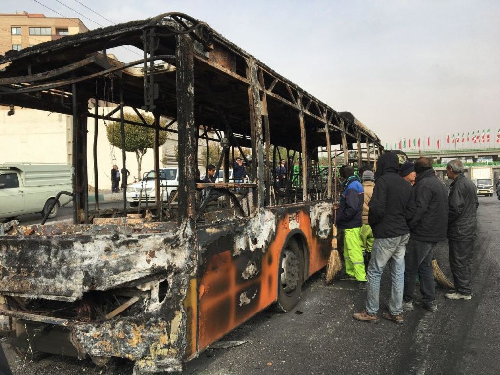 A burned bus in Iran.