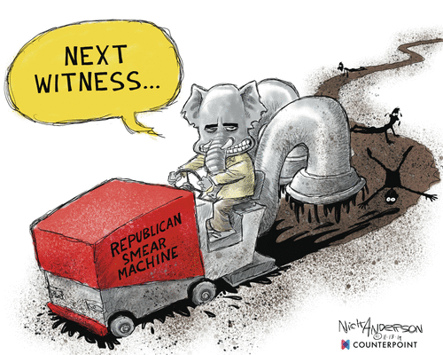 Political Cartoon U.S. Impeachment Hearings Witnesses Republican Smear Machine