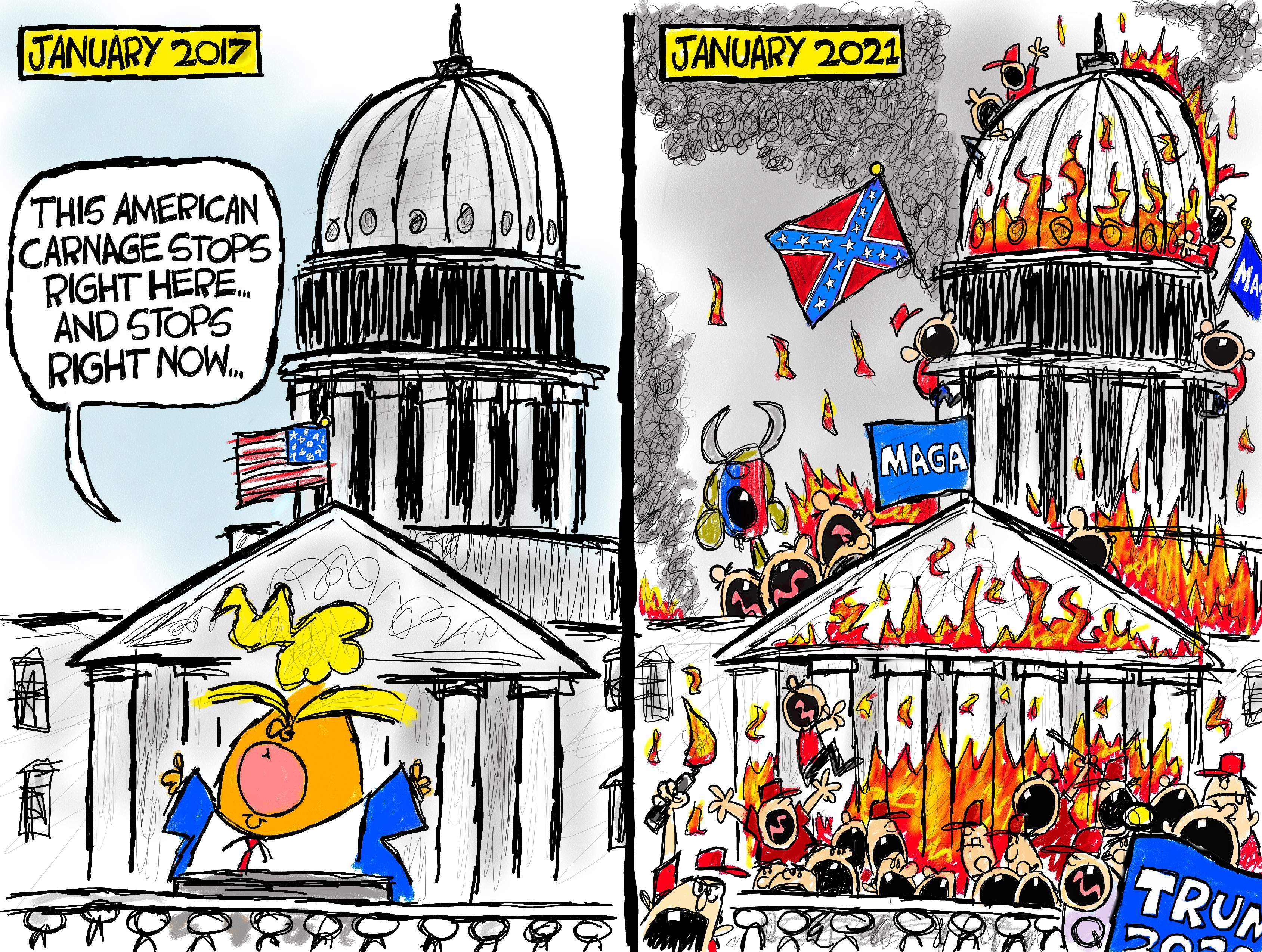Political Cartoon U.S. Trump capitol riots mob