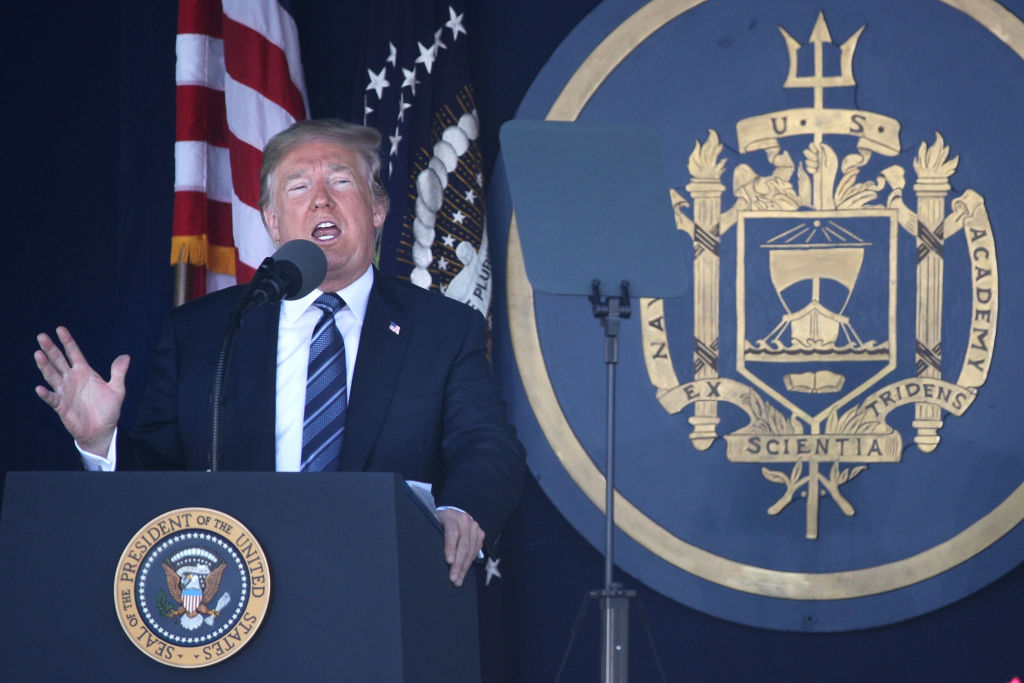 President Trump addressing Naval Academy.