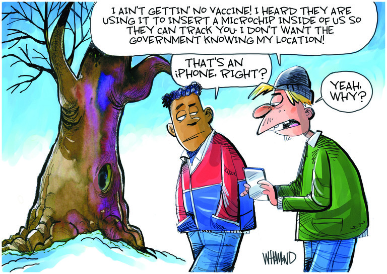 Editorial Cartoon U.S. covid vaccine conspiracy iphone
