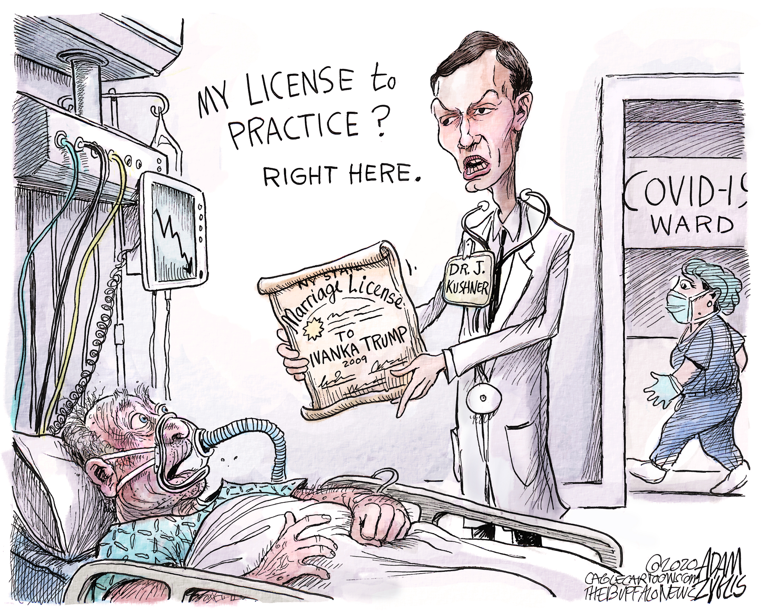 Political Cartoon U.S. Jared Kushner COVID-19 Ivanka Trump hospital qualifications ventilators