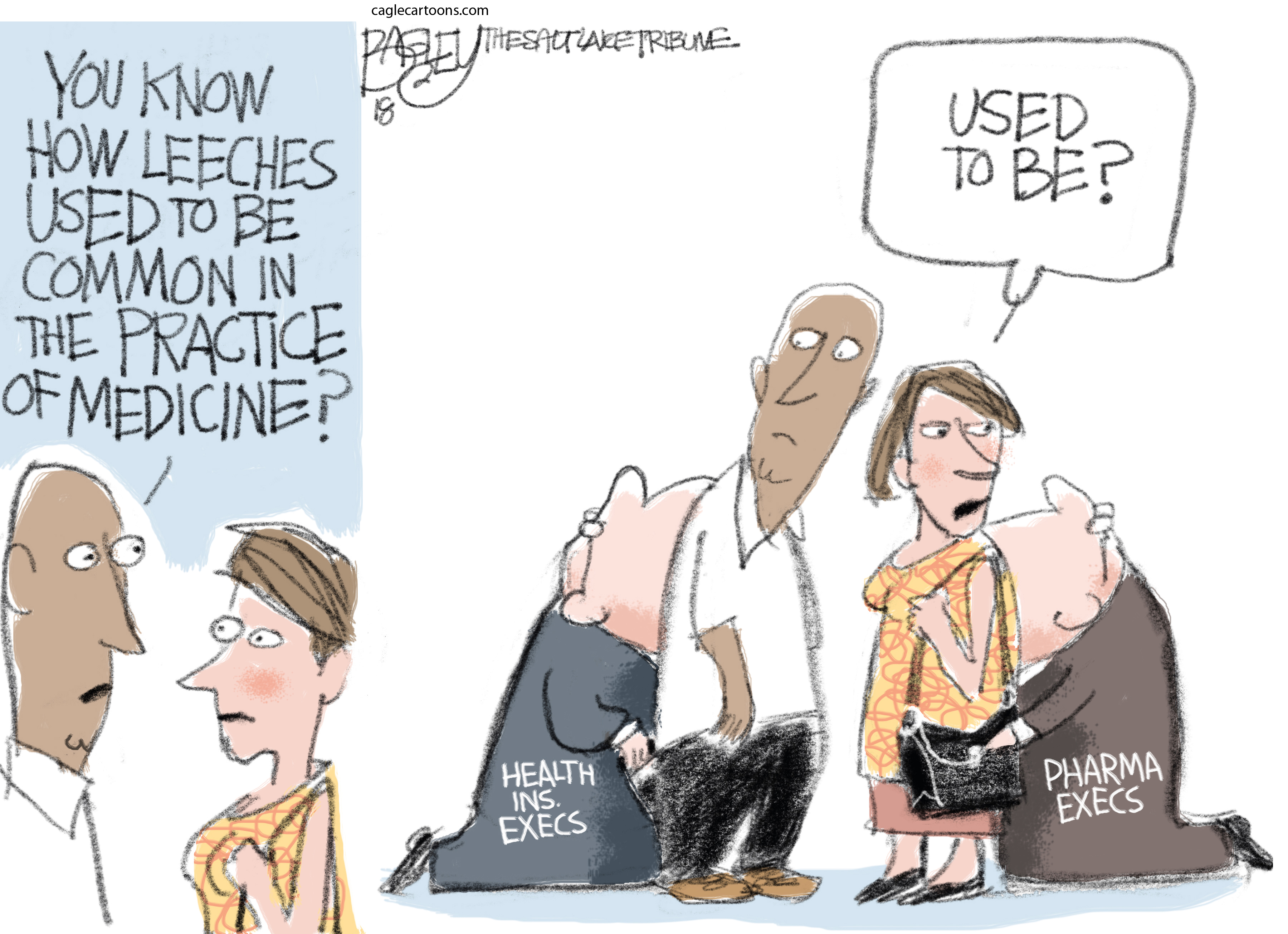 Political cartoon . big pharmaceuticals health insurance leeches medicine