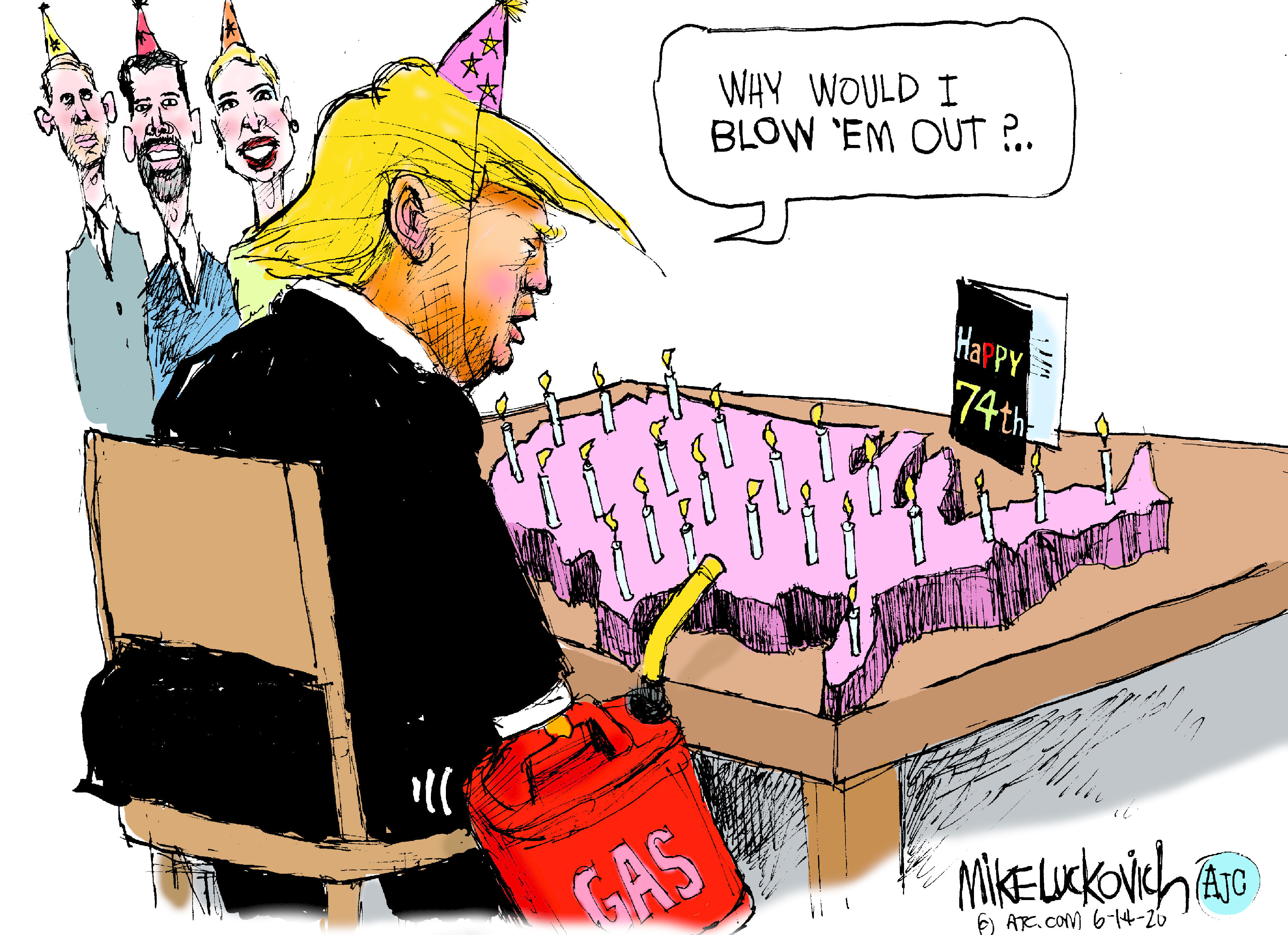 Political Cartoon U.S. Trump birthday flames America
