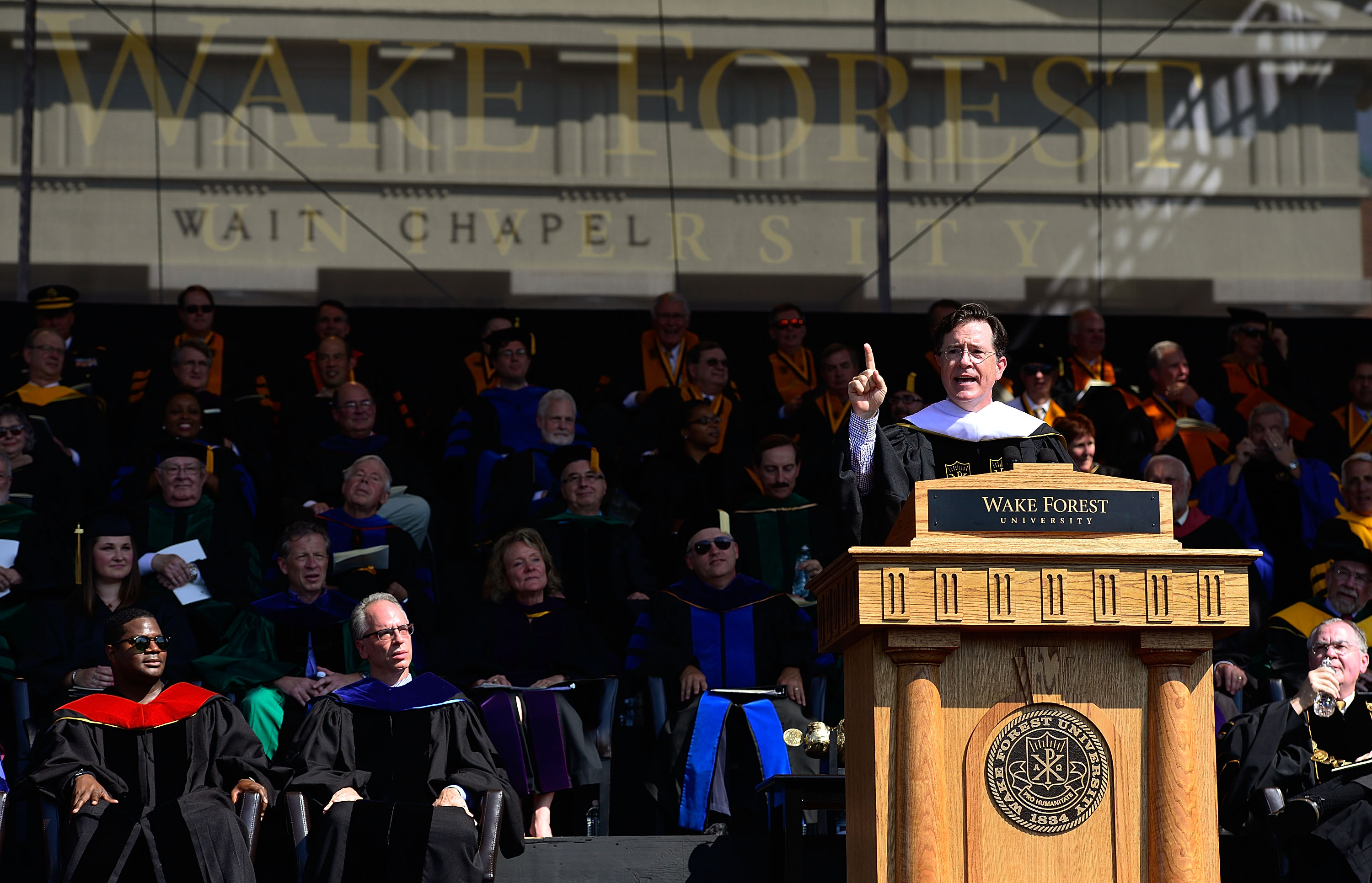 Stephen Colbert gives a graduation speech at Wake Forest University