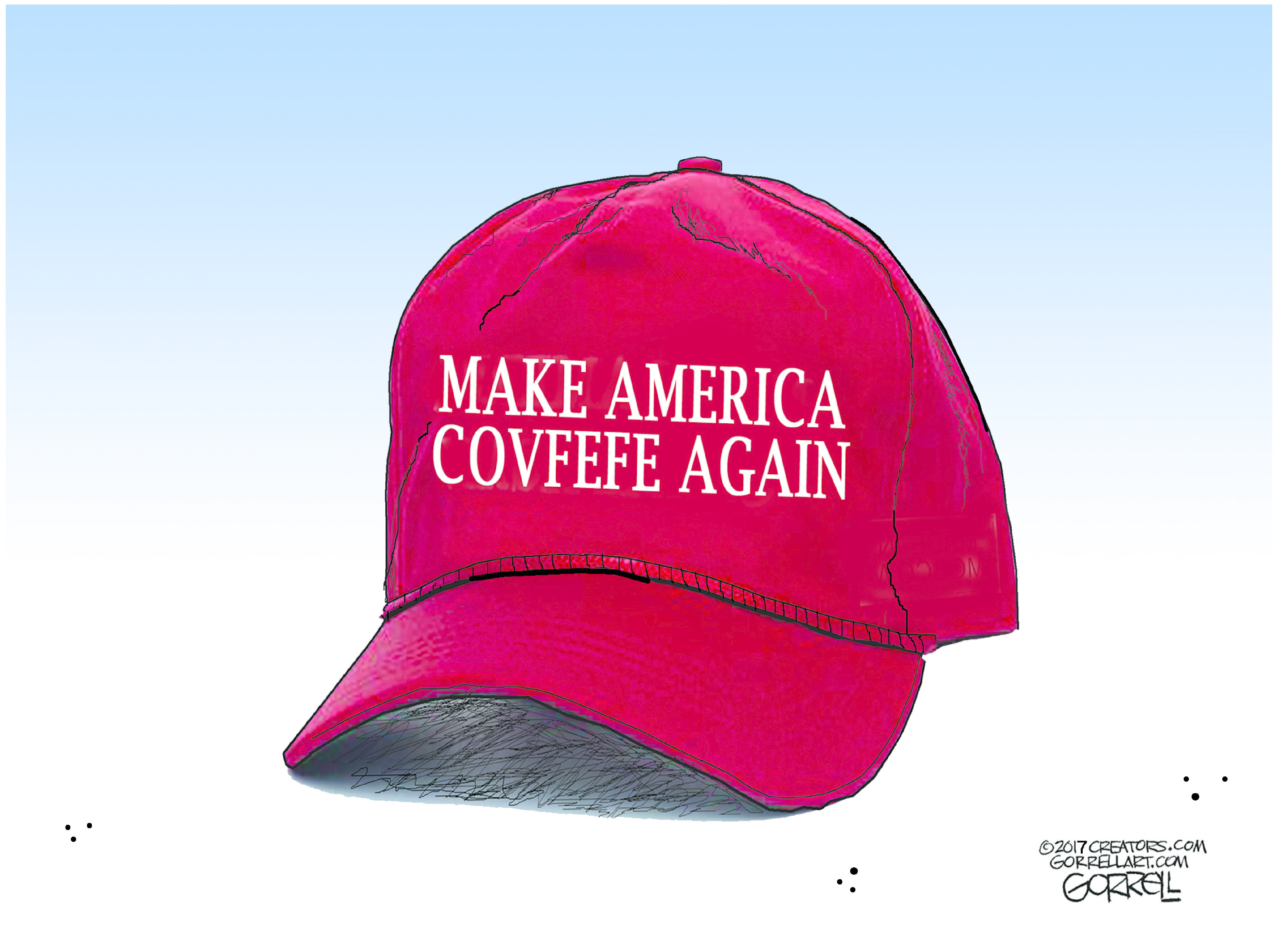 Political cartoon U.S. Trump tweets covfefe MAGA
