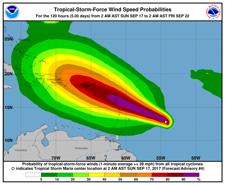 Wind projections for Tropical Storm Maria