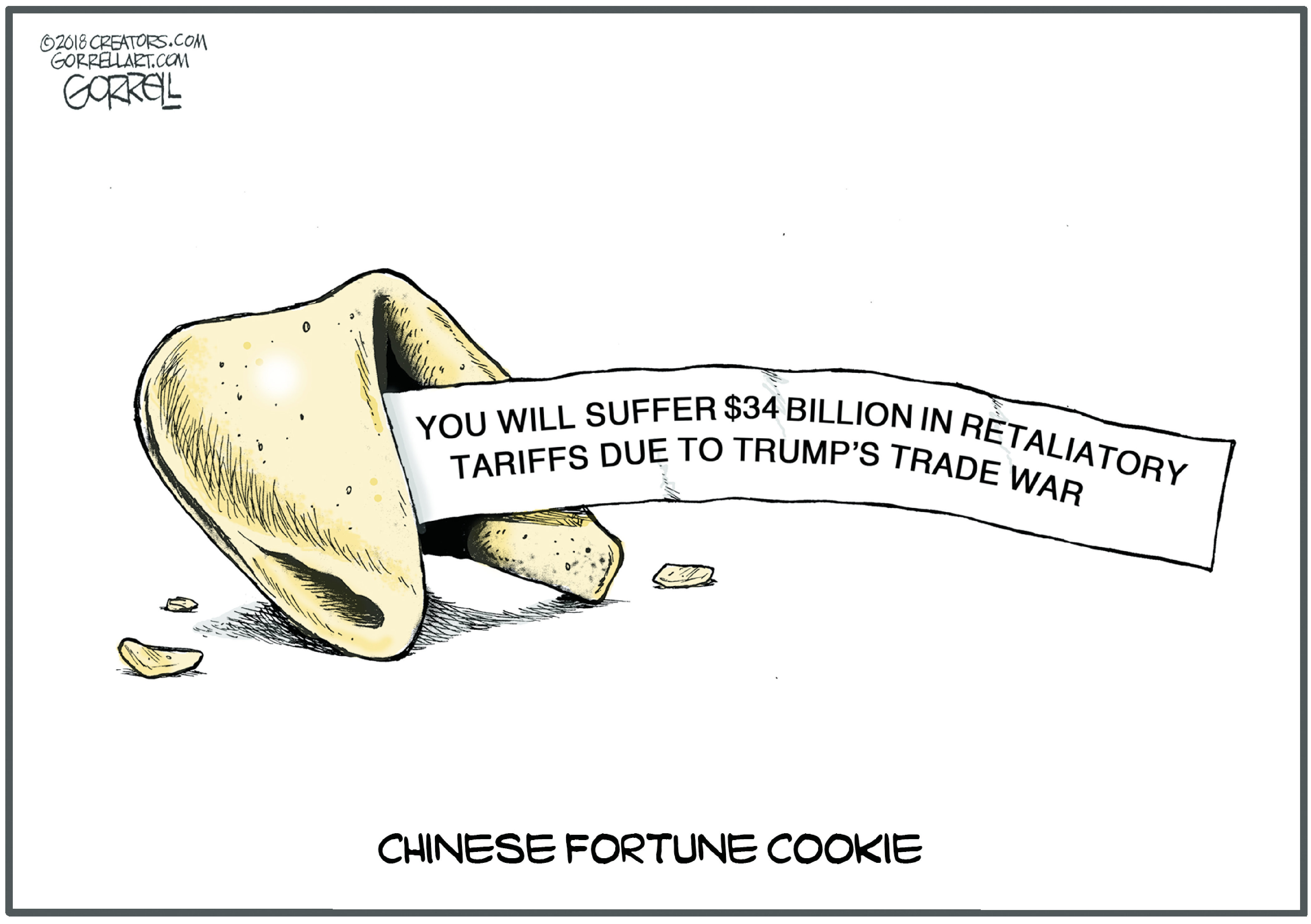 Political cartoon U.S. Trump trade war tariffs China fortune cookie