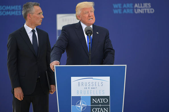 Trump speaks at the NATO headquarters.