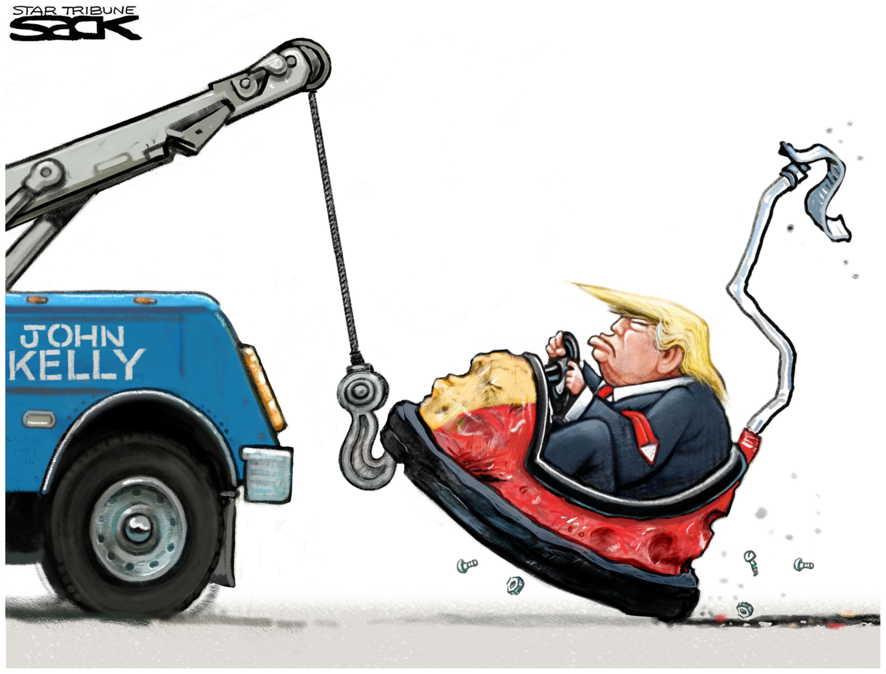 Political cartoon U.S. Trump John Kelly bumper car