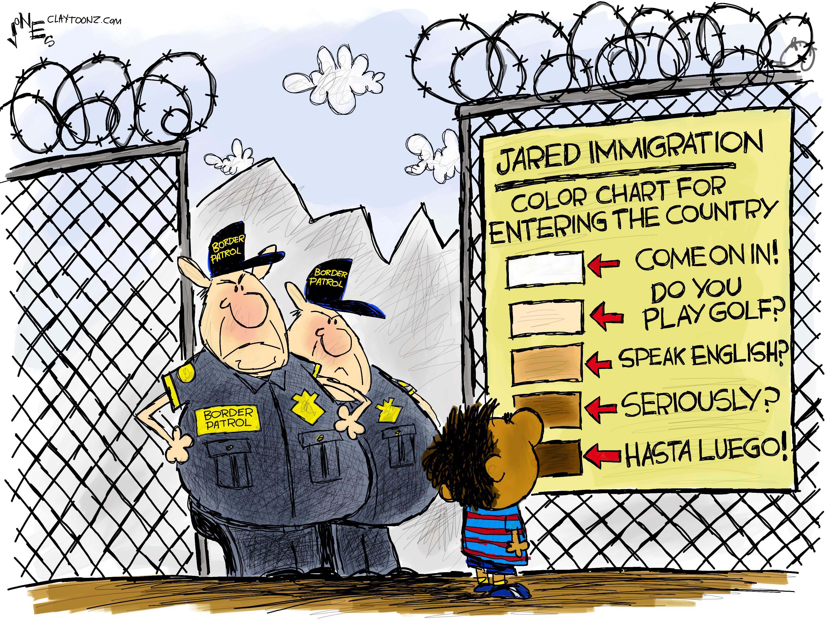 Political Cartoon . Trump border control immigration racism english  hasta luego