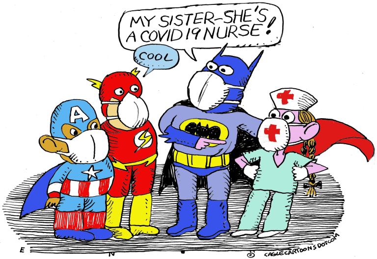 Editorial Cartoon U.S. covid 19 nurse superheroes coronavirus