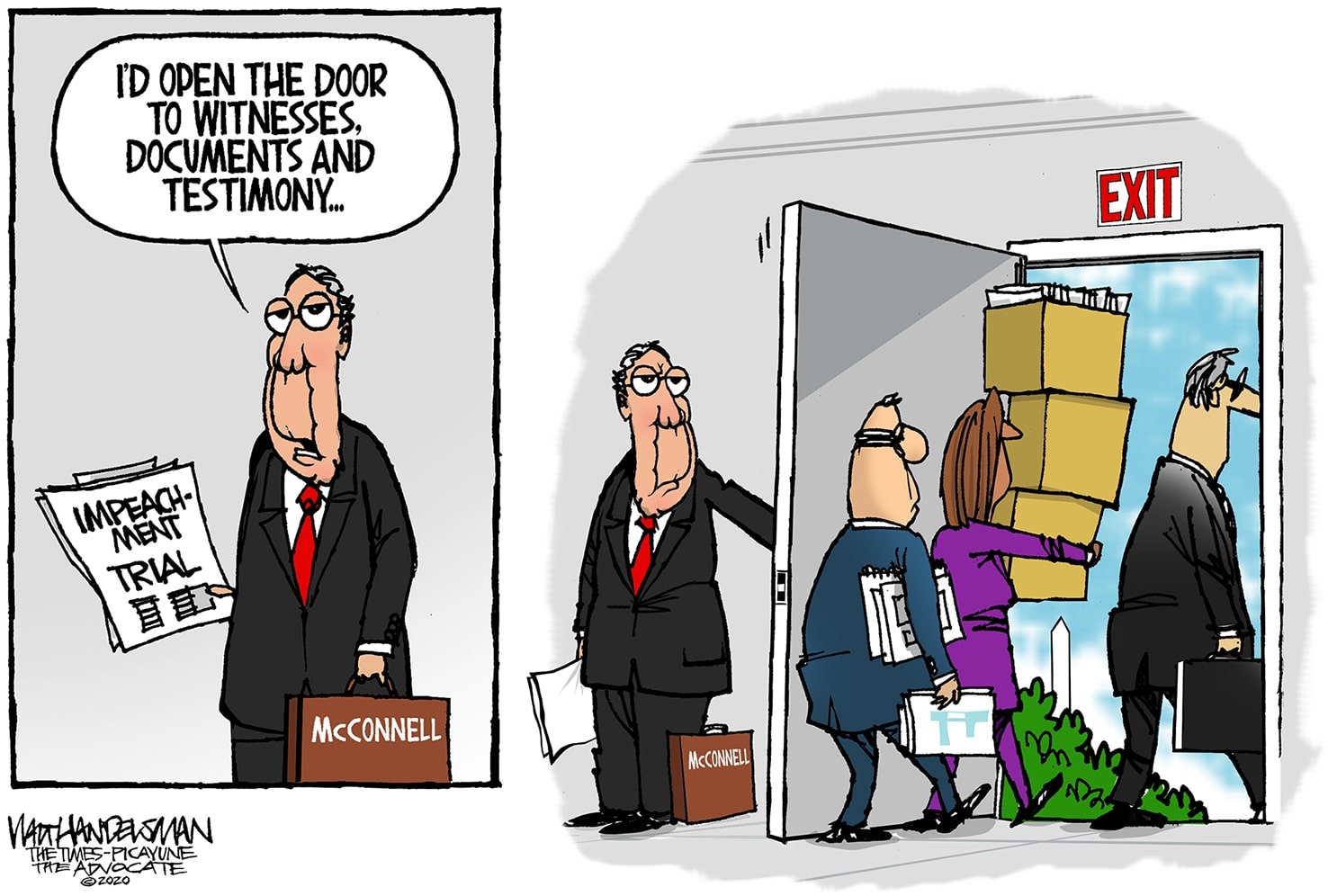Political Cartoon U.S. Mitch McConnell impeachment GOP senate trial documents evidence