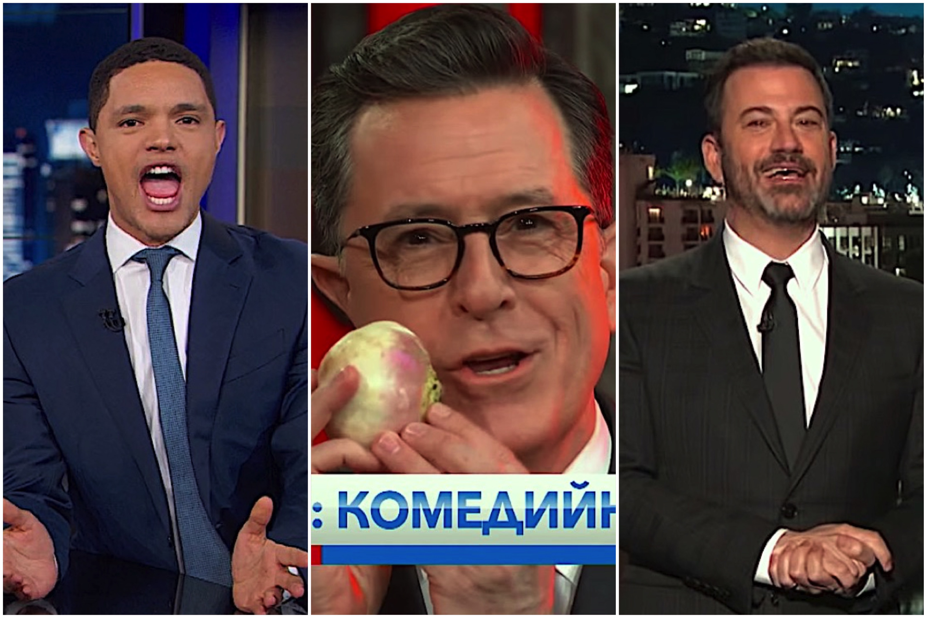 Jimmy Kimmel, Stephen Colbert, Trevor Noah laugh at Trump&#039;s collusion claim