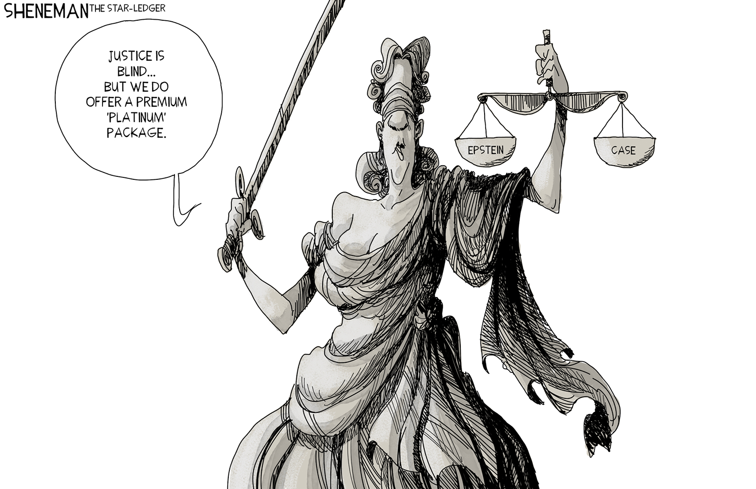 Political Cartoon . Blind Lady Justice Epstein Case Corruption