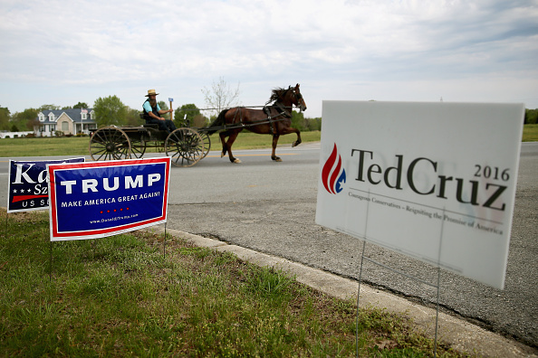 An Amish man rides past a Trump campaign sign