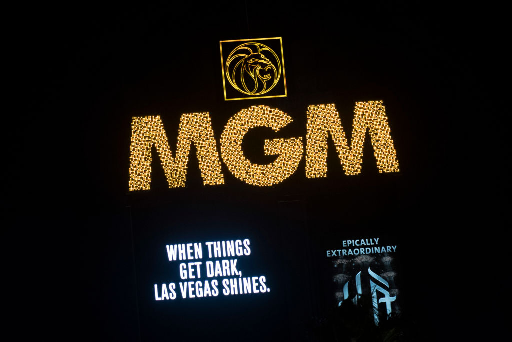 A  tribute message for the victims of the Route 91 Harvest country music festival is displayed on the marquee of MGM Grand Hotel &amp; Casino, on October 8, 2017 in Las Vegas, Nevada.