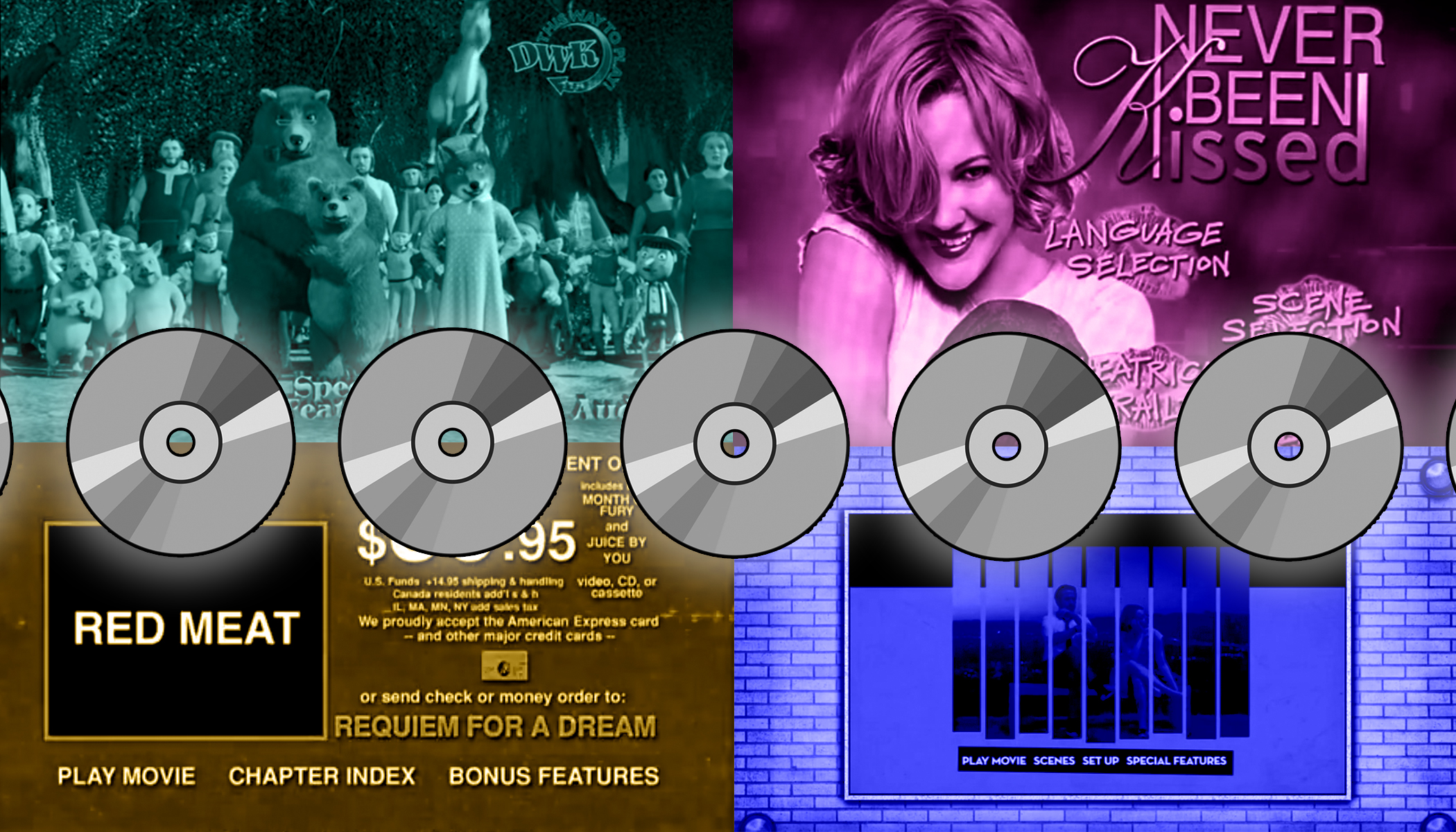 DVD menus for Shrek Fight Club Requiem for a Dream and La La Land.