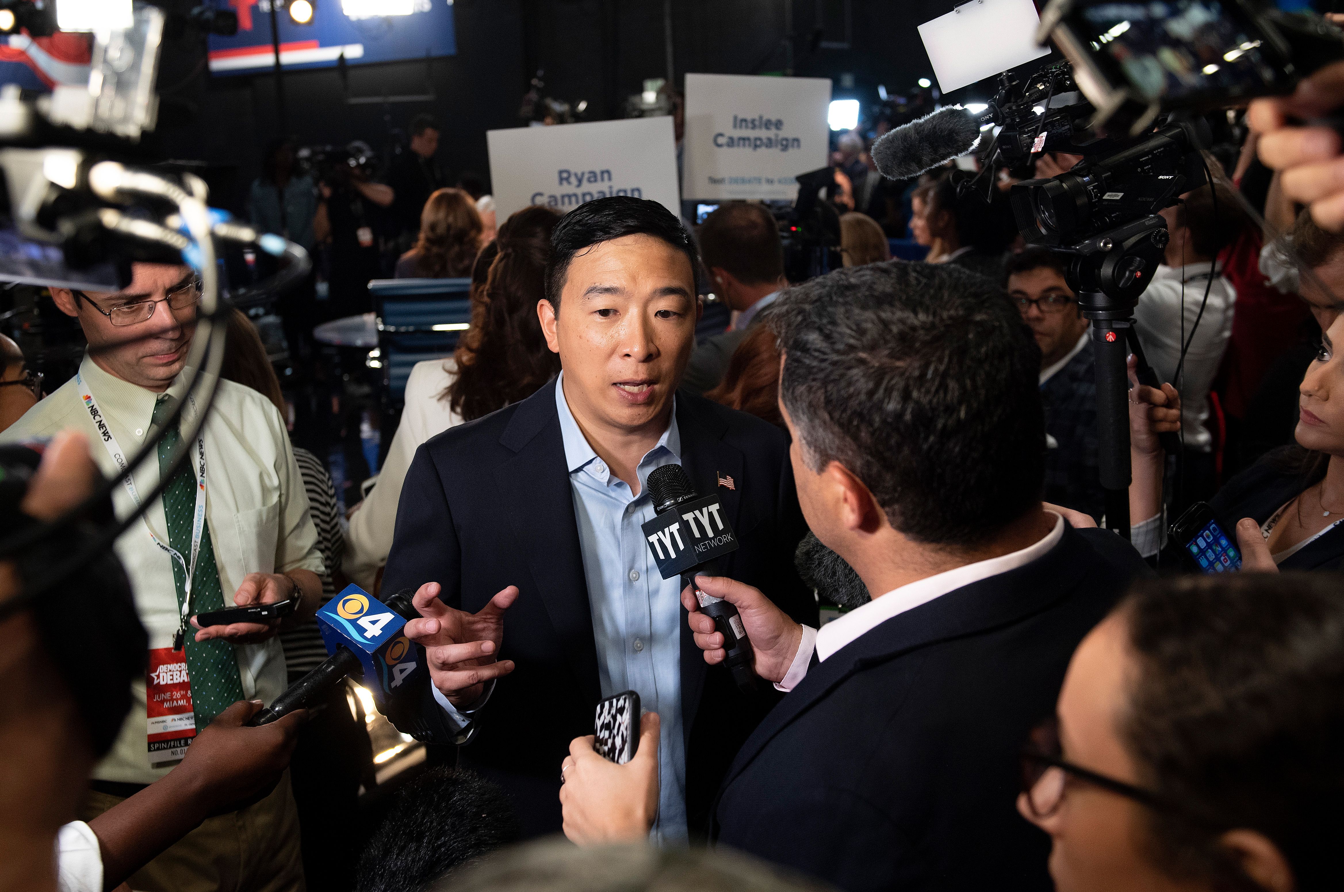 Andrew Yang speaks to reporters after the second Democratic Presidential debate in Miami, Florida.