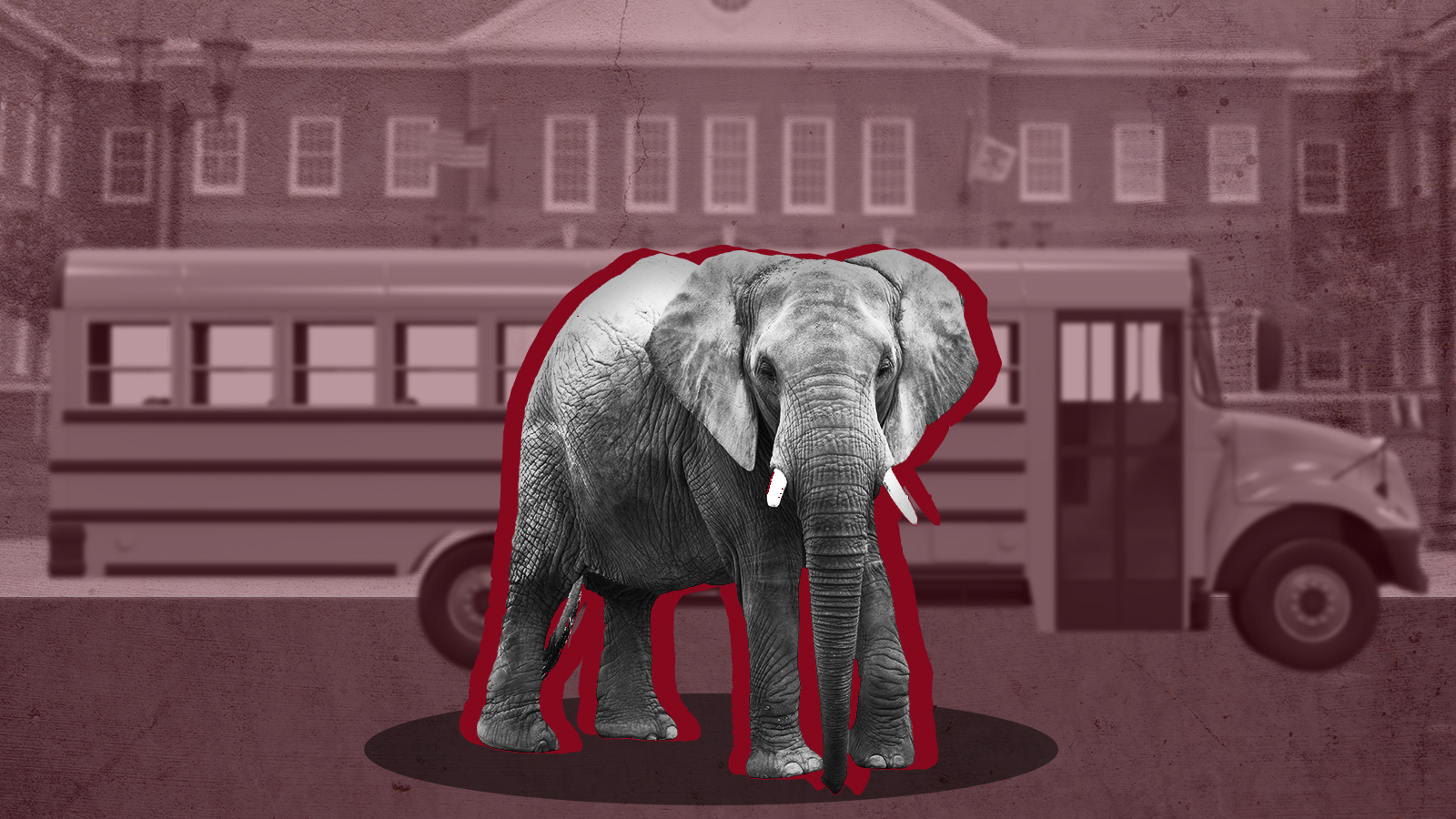 Elephant in front of school.