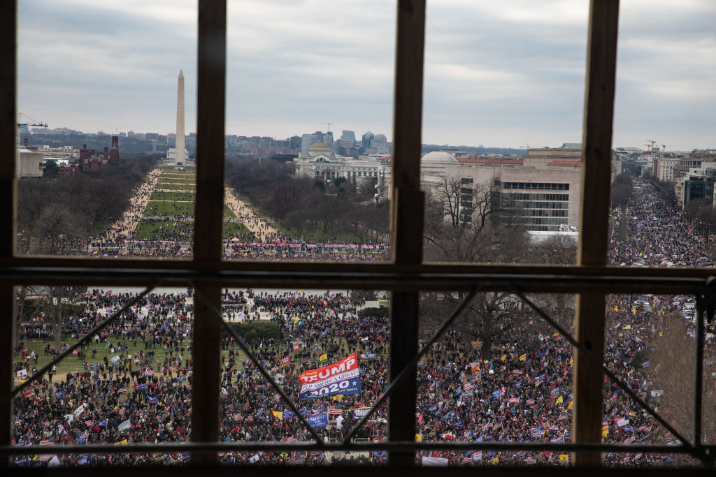 Jan. 6 rioters as seen from inside the U.S. Capitol building.