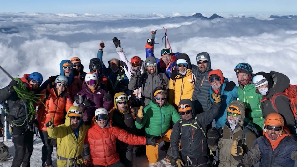 Adrian Ballinger, Emily Harrington, and friends at the top of Cotopaxi.