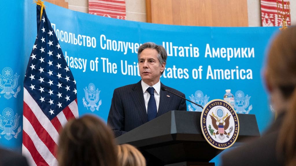 Secretary of State Antony Blinken speaks to U.S. Embassy staff in Kyiv.