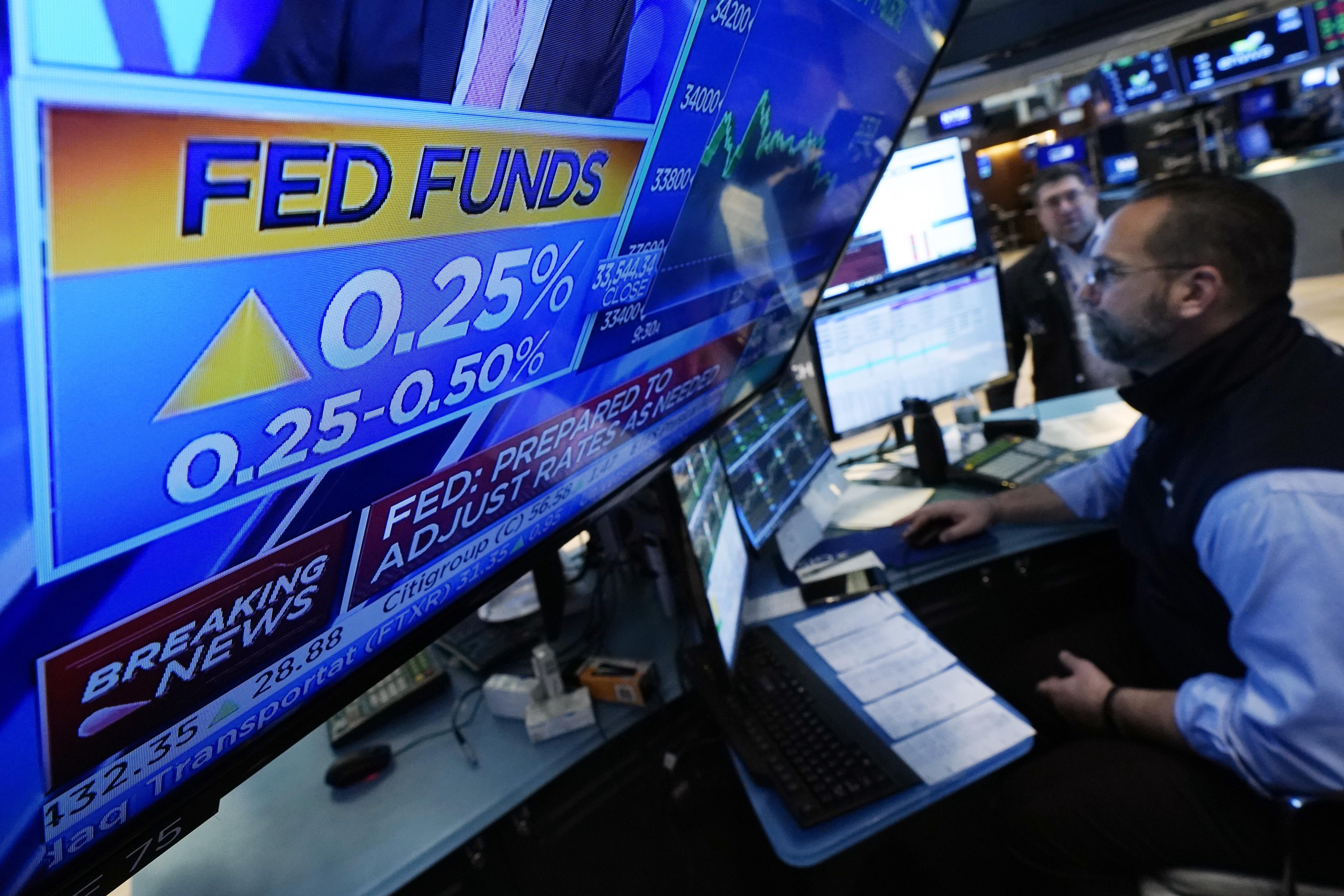 A New York Stock Exchange TV displays the Fed&#039;s quarter-point hike
