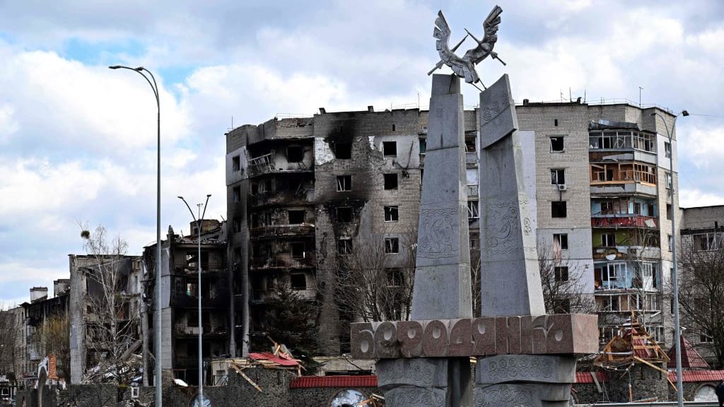 The damaged central square of Borodyanka, Ukraine.
