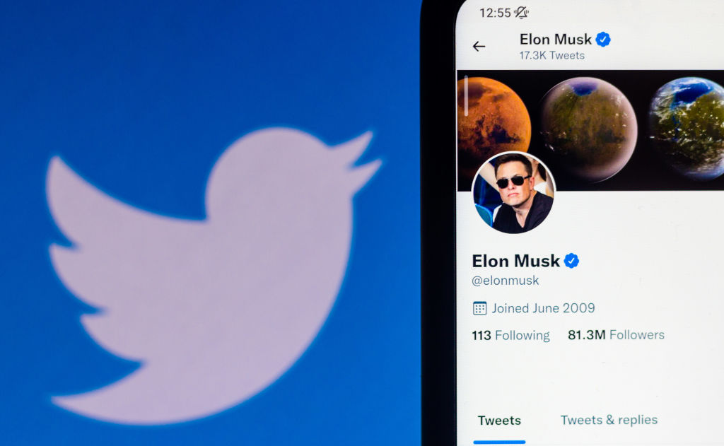 Twitter logo and smartphone displaying Elon Musk&#039;s Twitter profile