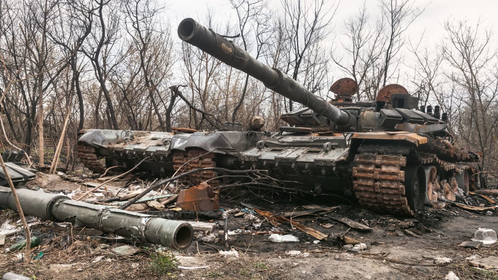 A destroyed Russian tank near Kyiv.