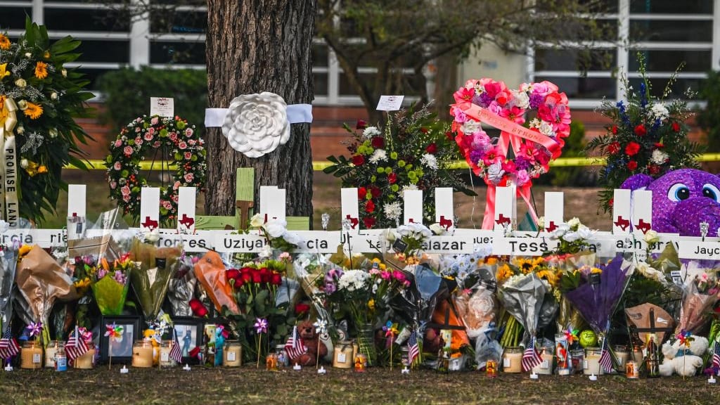 A memorial for the victims of the Uvalde school shooting.