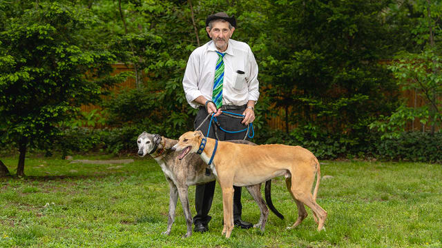Lawyer Richard Rosenthal with his greyhounds, Bugsy and Louis