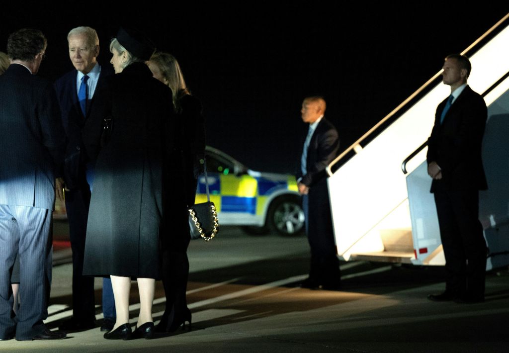 Biden on the tarmac after arriving in London.