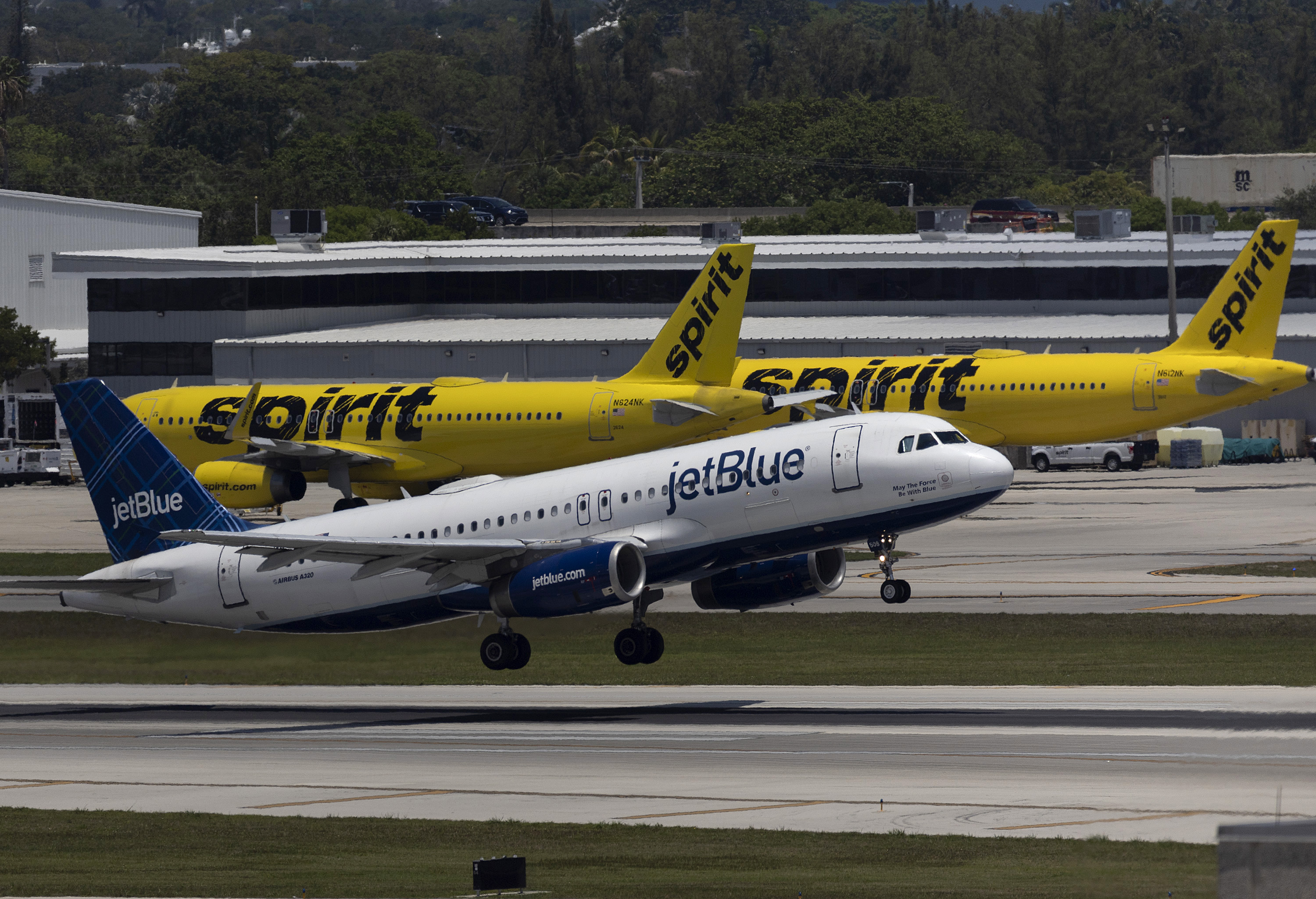 A JetBlue plane takes off near Spirit planes. 