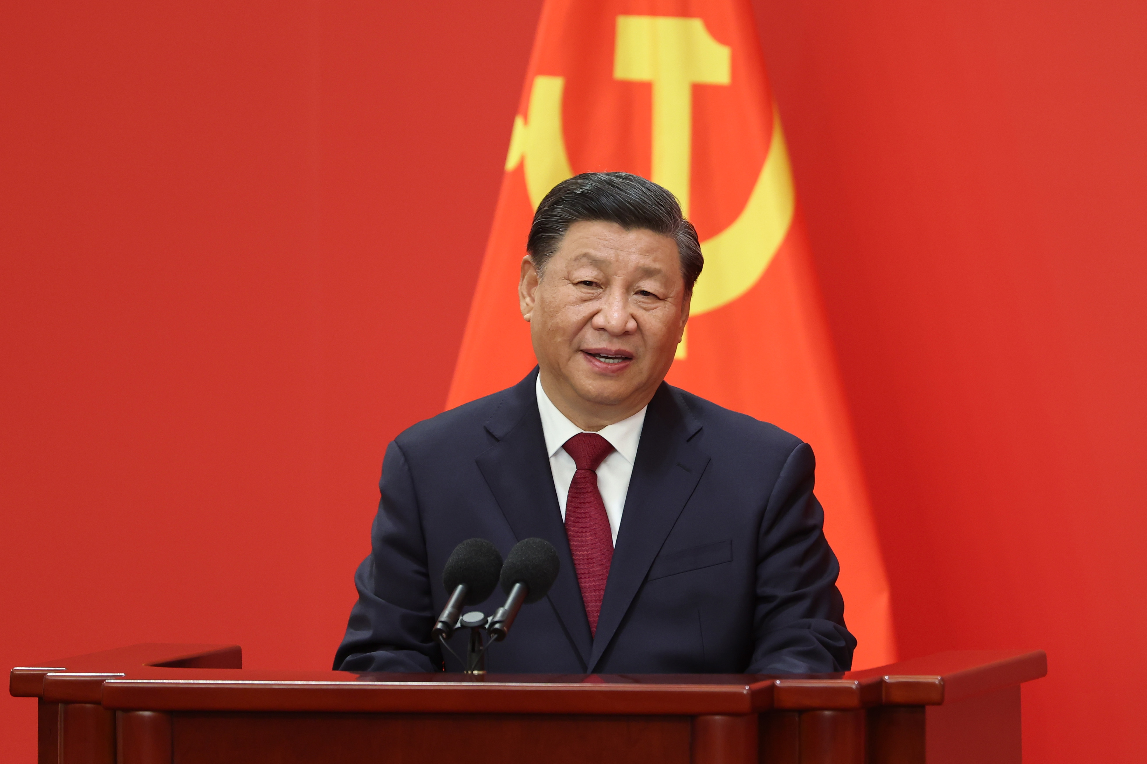Chinese President Xi Jinping seen giving a speech. 