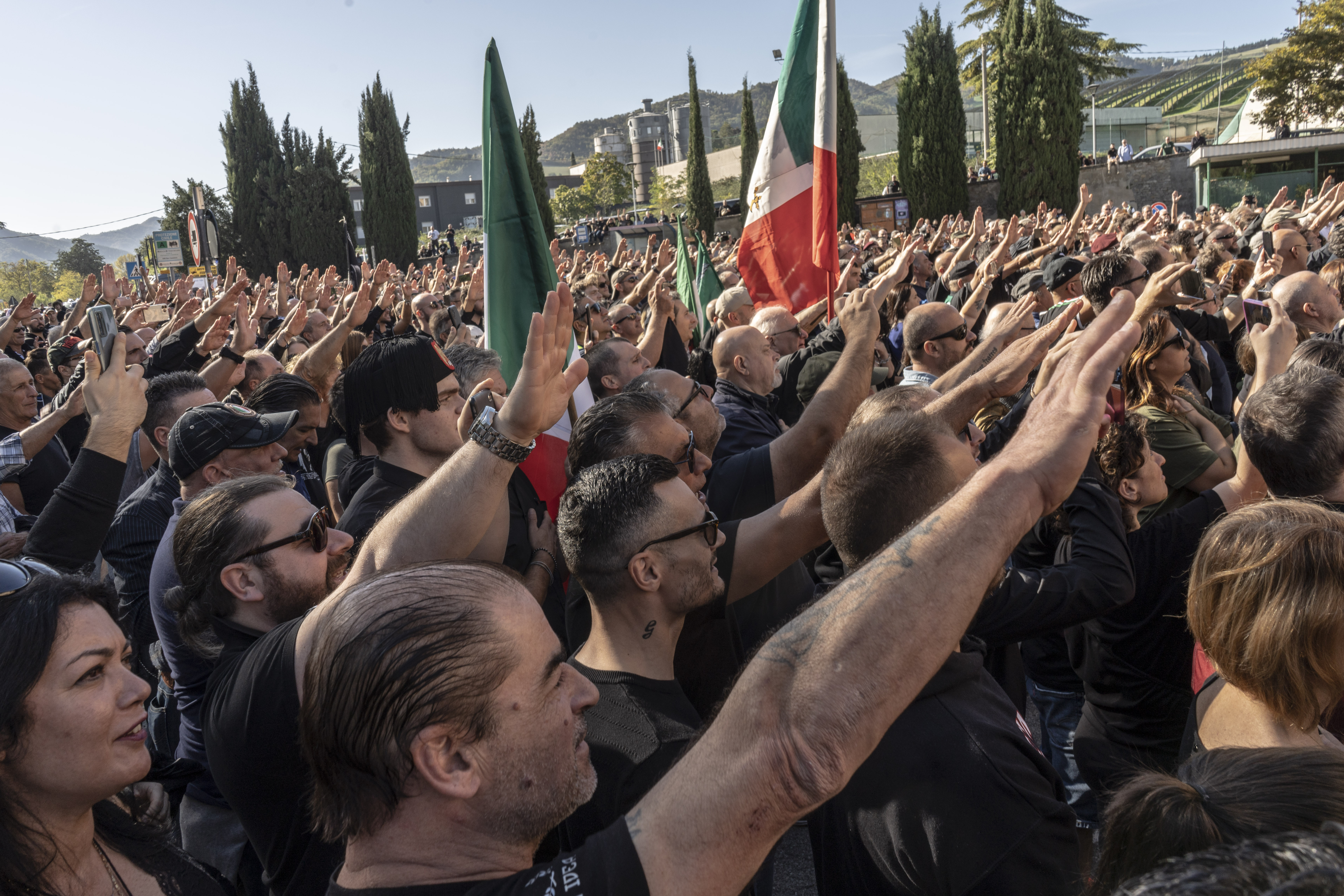 Neo-fascists seen saluting former Italian dictator Benito Mussolini&#039;s resting place. 