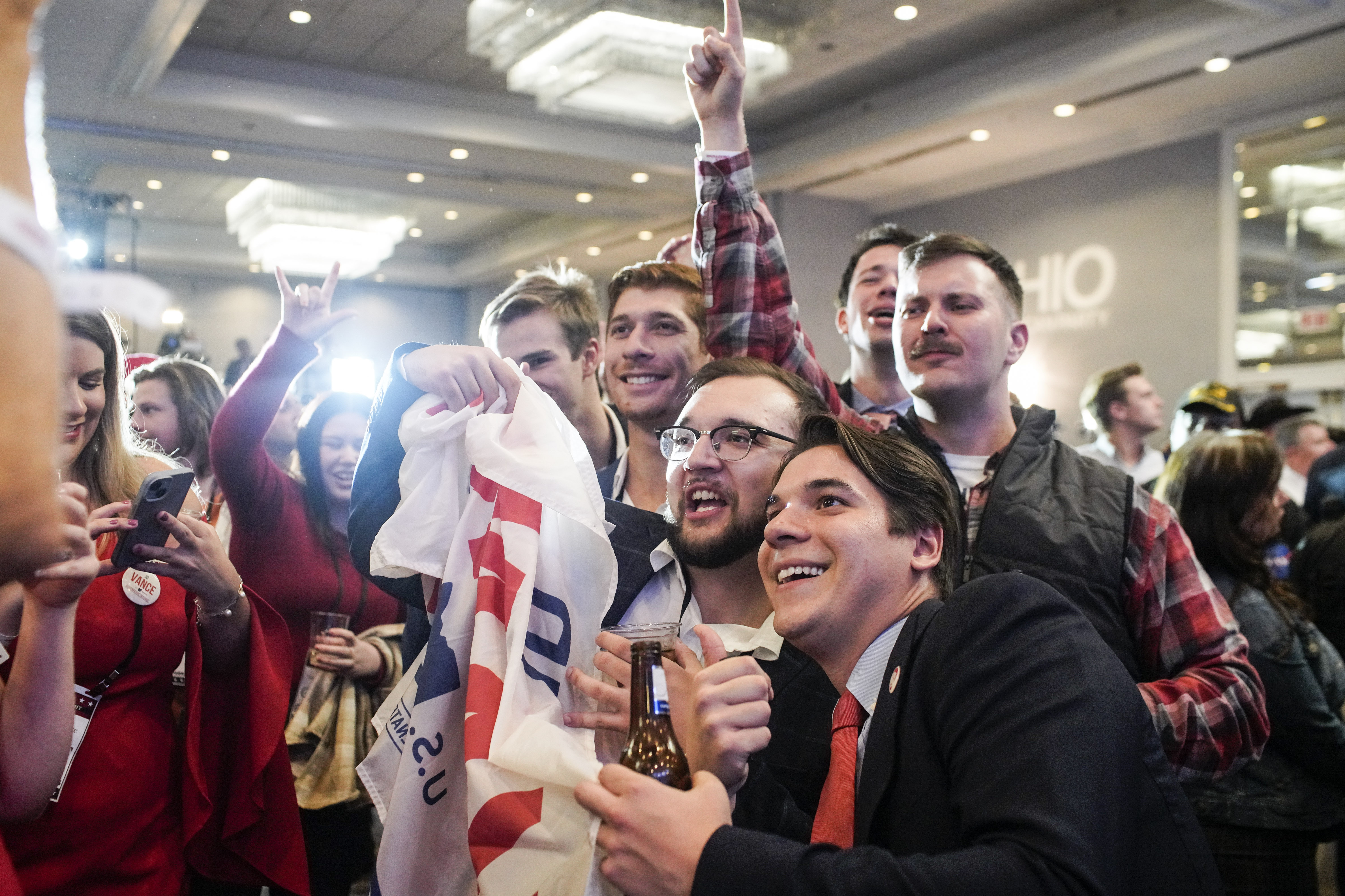 Supporters react to the victory of J.D. Vance