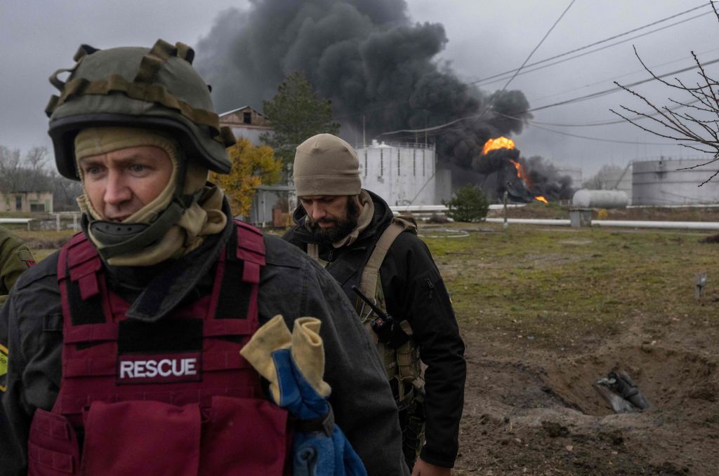 Ukrainian rescue workers in Kherson