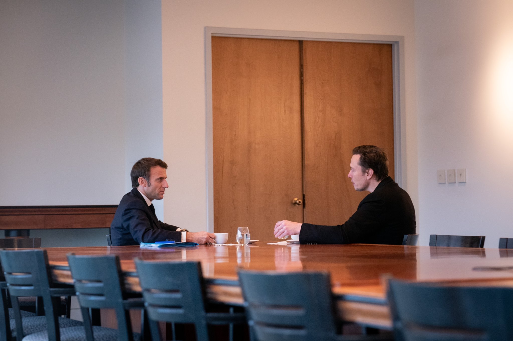 French President Emmanuel Macron meets with Twitter CEO Elon Musk. 