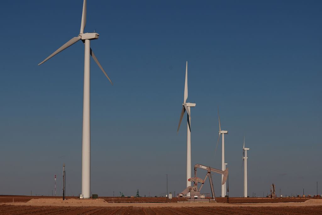 Texas wind turbines, gas rig