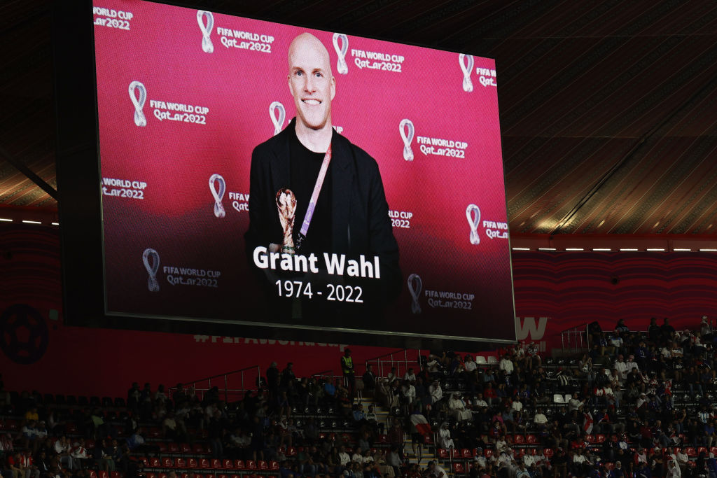 Tribute to late journalist Grant Wahl on a jumbotron prior to a World Cup match.