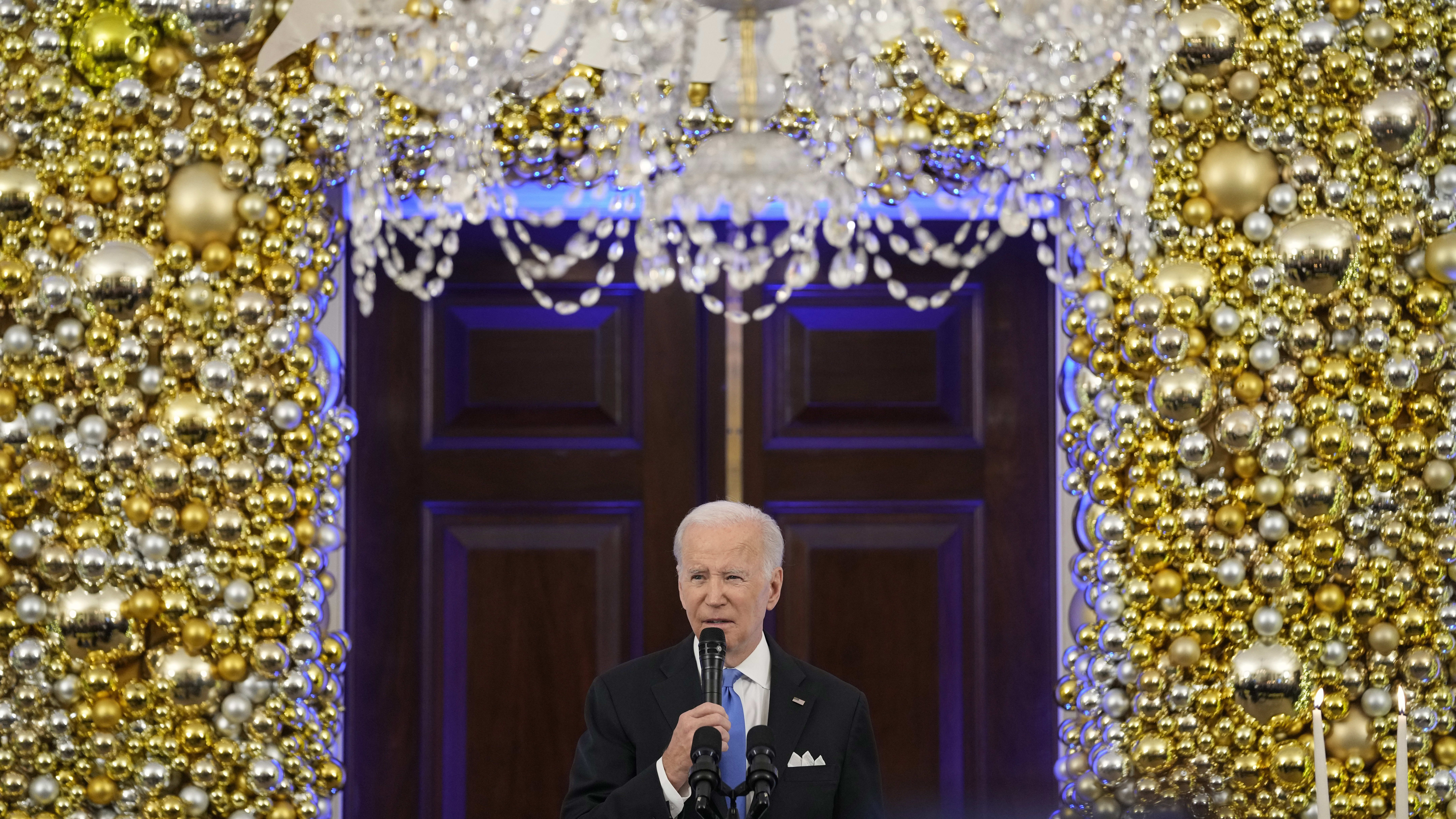 President Biden speaks at the White House Hanukkah reception.