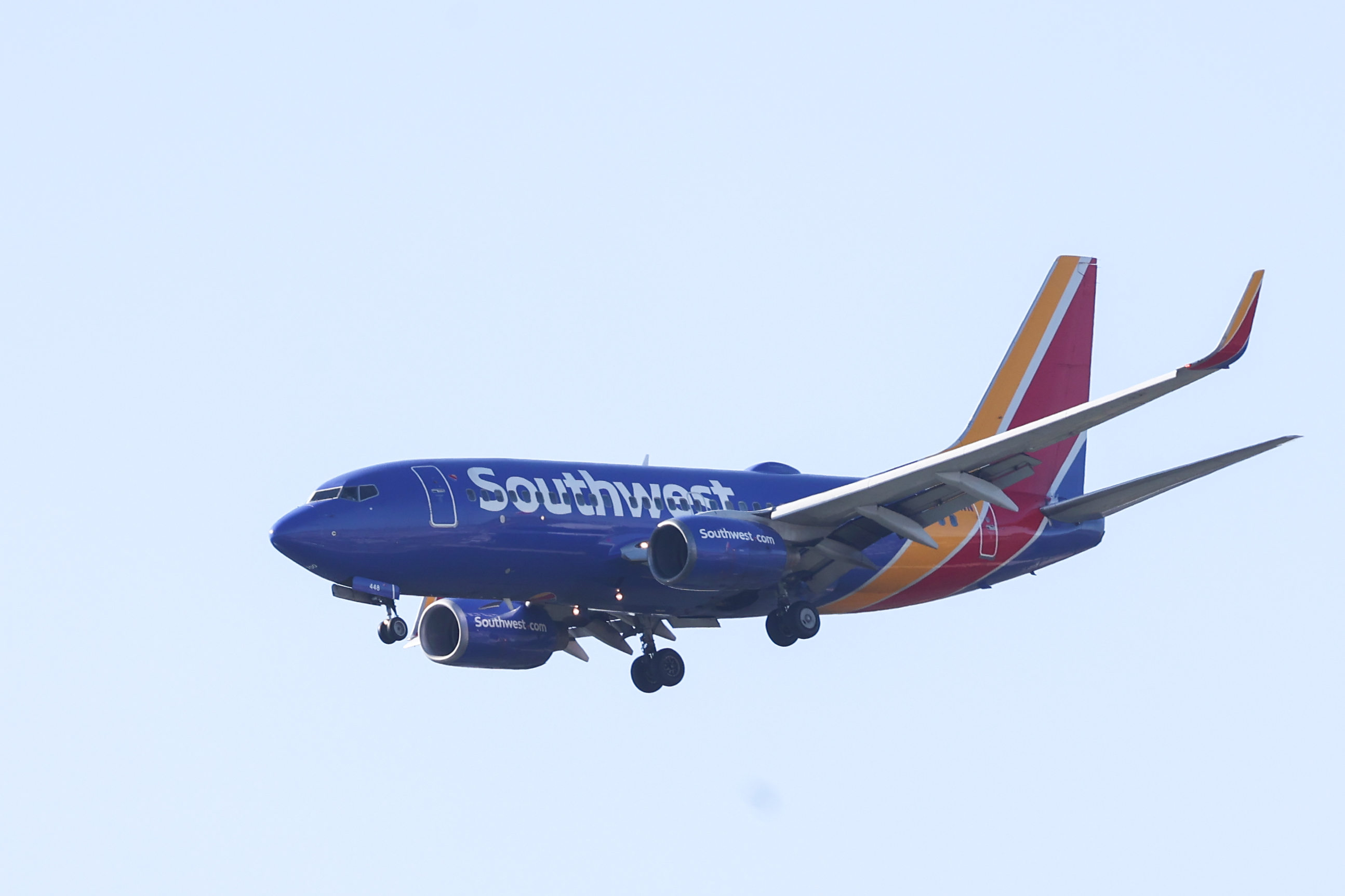 A Southwest plane seen coming in for a landing. 