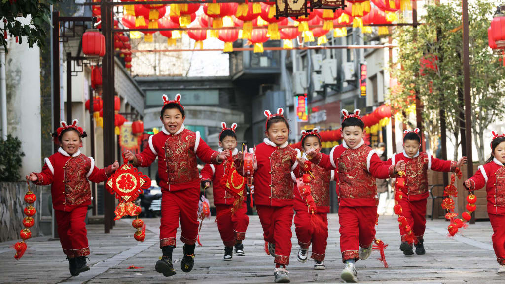 Children in Huzhou, China, celebrate the Year of the Rabbit.