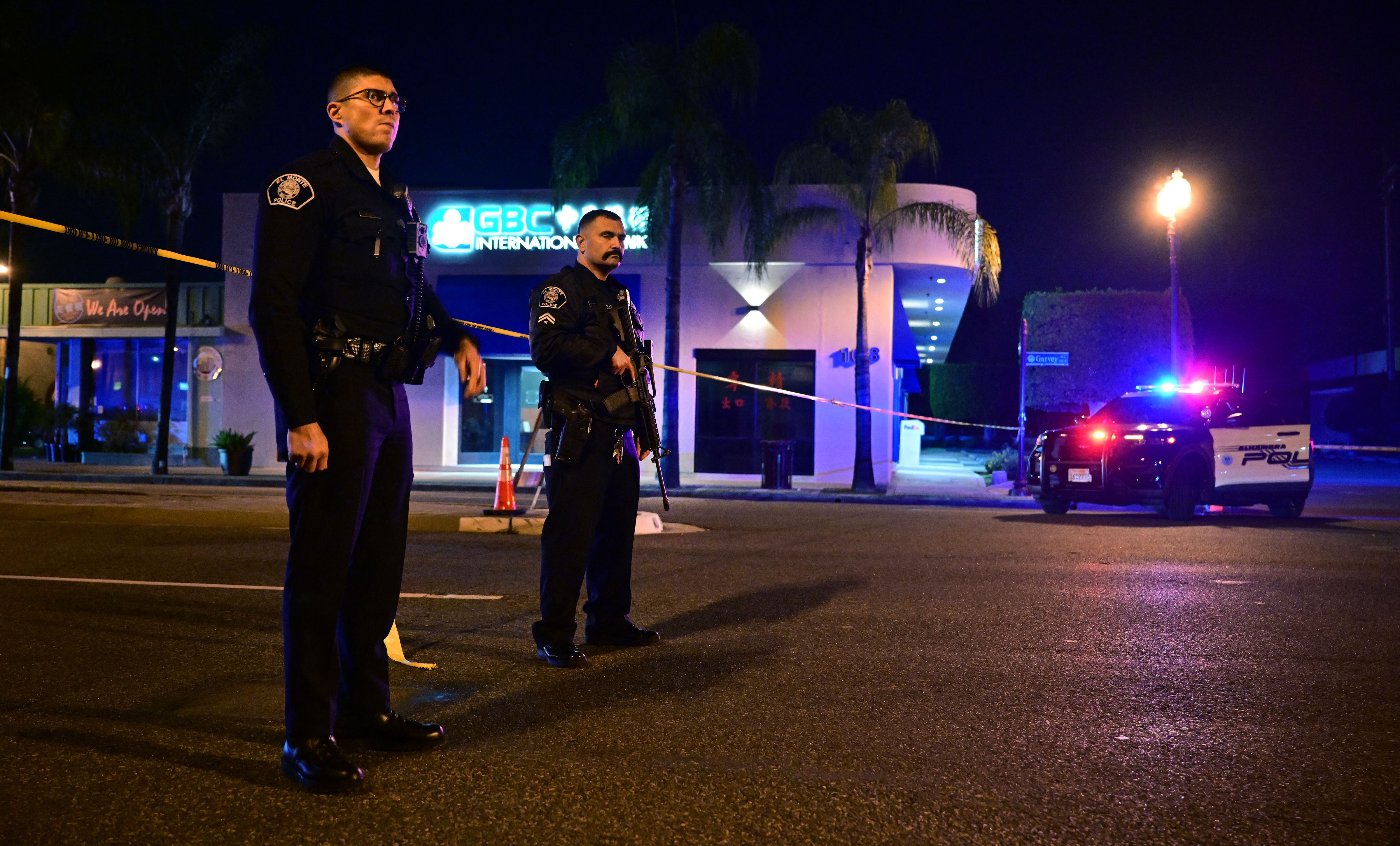 Police patrol following a mass shooting in Monterey Park, California.