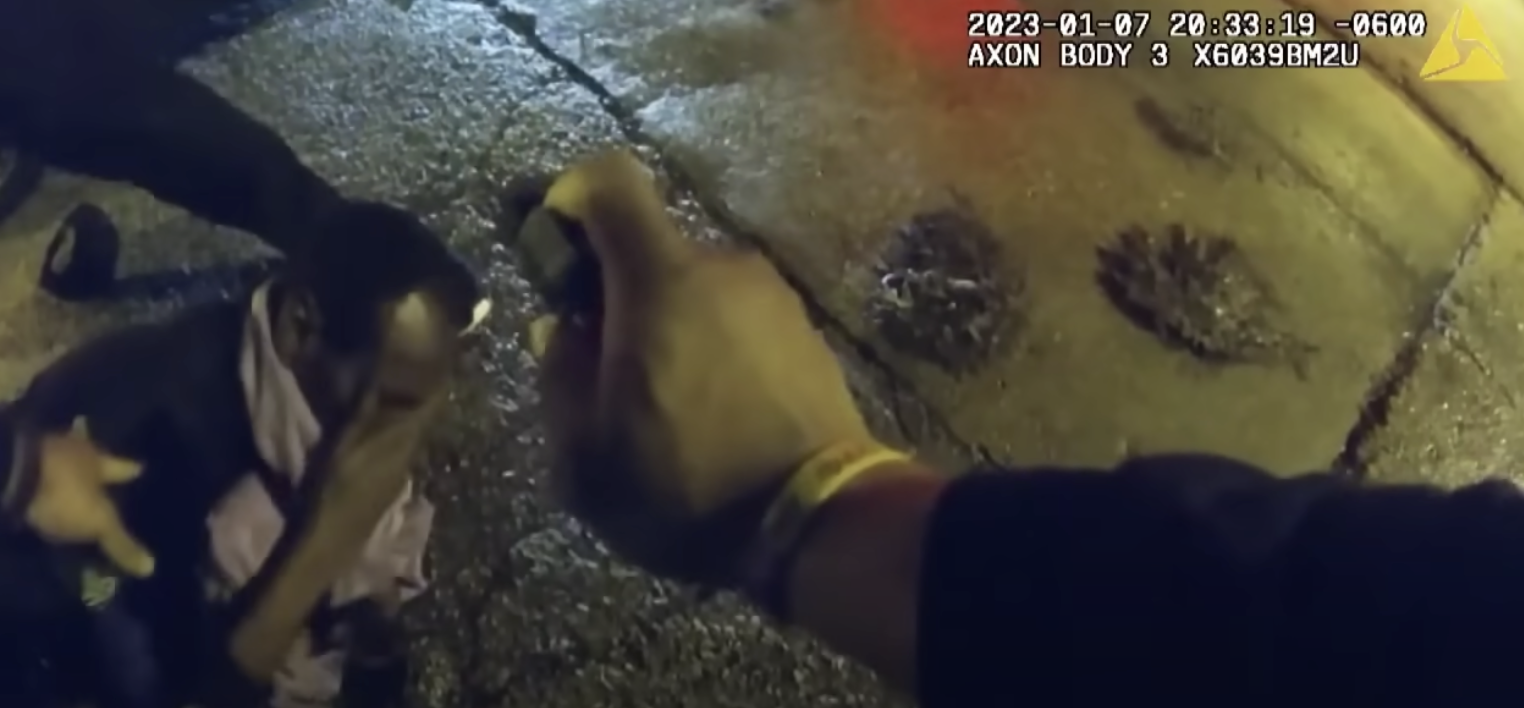 A screenshot from the body cam footage of Tyre Nichols&#039; beating. 